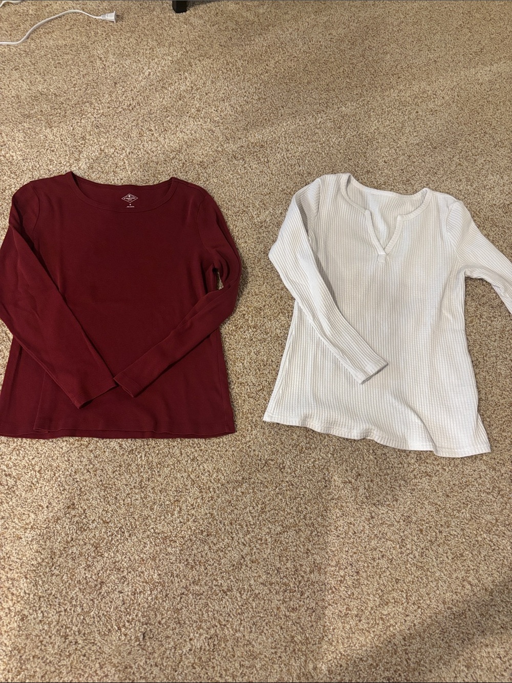 2 long sleeve tees SMALL red & white ribbed EUC